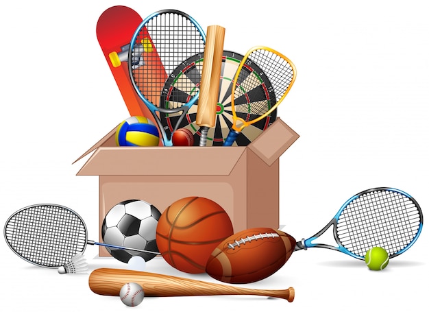 Free vector box full of sport equipments