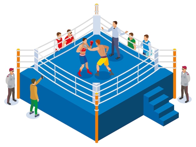 Box isometric composition with view of outdoor boxing ring with two athletes referee and fan characters