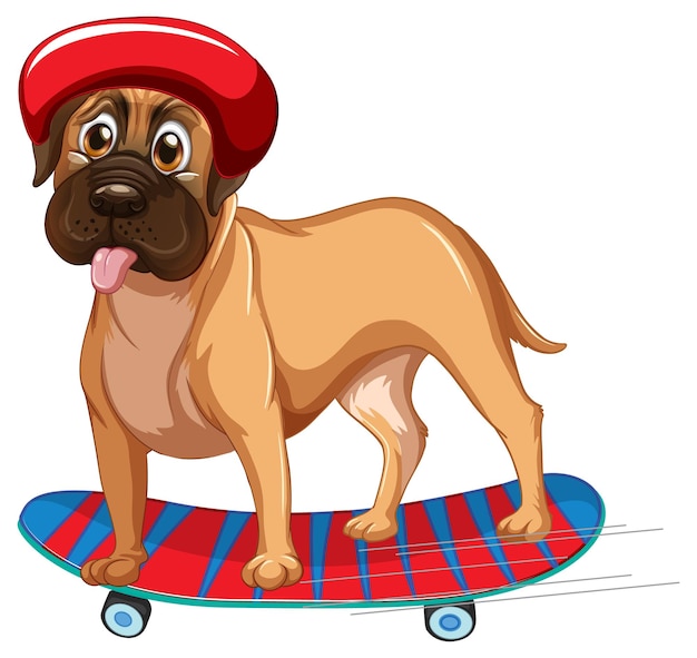 ボクサー犬はスケートボードに立っているヘルメットをかぶっています