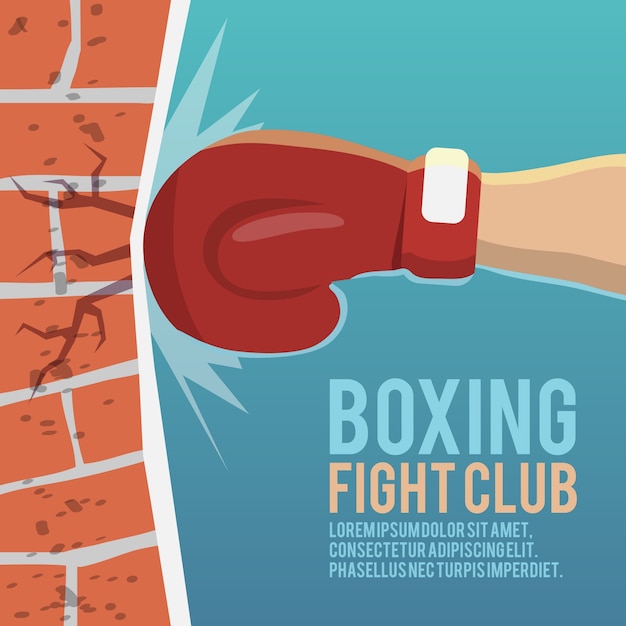 Free vector boxer gloves hitting brick wall cartoon boxing fight club poster vector illustration