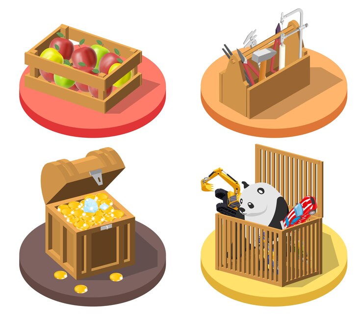 Free Vector boxes 3d 2x2 set with isolated icons of wooden boxes filled with toys fruits tools coins vector illustration