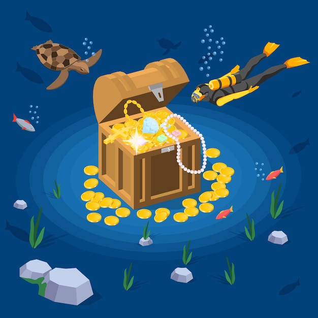 Boxes 3d composition with colorful underwater scenery turtle diver and treasure chest with coins and jewelry vector illustration