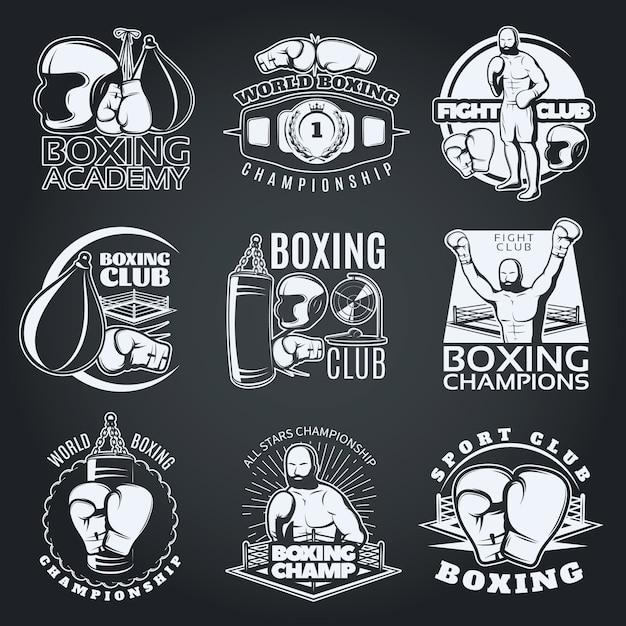 Boxing clubs and competitions monochrome emblems with sportsman gloves punching bags Free Vector