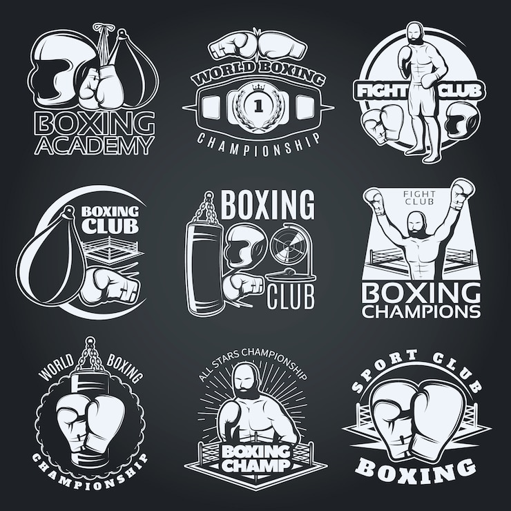 Free Vector boxing clubs and competitions monochrome emblems with sportsman gloves punching bags
