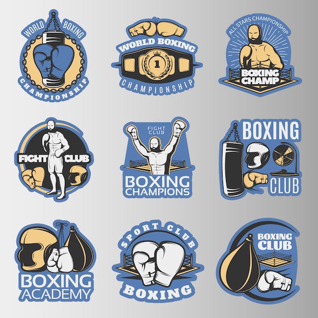 Бесплатное векторное изображение Бокс цветные эмблемы чемпионатов и бойцовских клубов со спортивным инвентарем