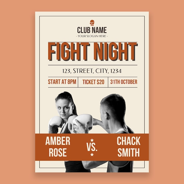 Free vector boxing fight night poster template