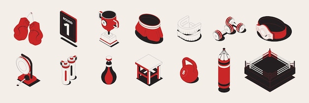 Боксерский набор с изометрическими иконками и отдельными изображениями спортивного инвентаря с трофеями и векторной иллюстрацией гимнастических снарядов
