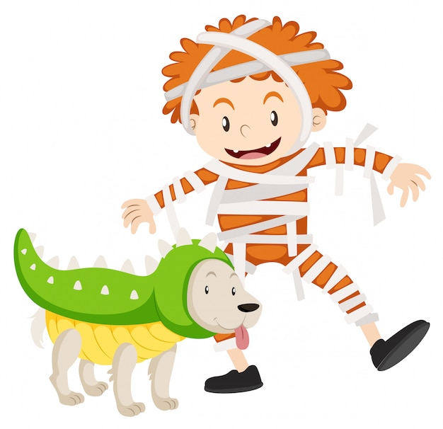 Бесплатное векторное изображение Мальчик и собака в костюмах хэллоуина