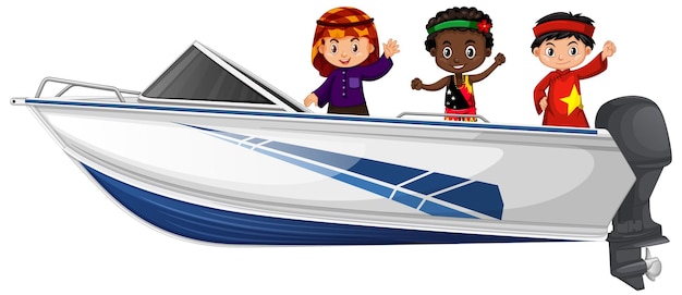 無料ベクター 白い背景の上のスピードボートに立っている男の子と女の子