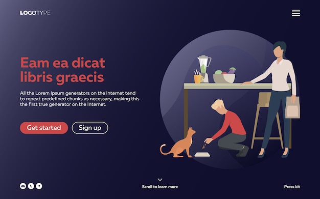 Бесплатное векторное изображение Мальчик и женщина кормит кота на кухне