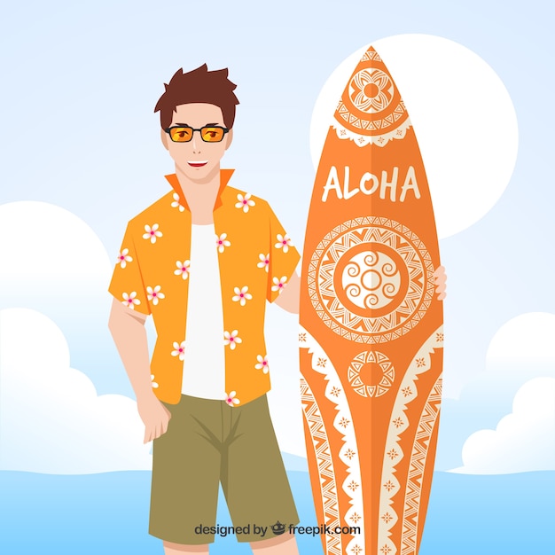 Бесплатное векторное изображение Мальчик с гавайской футболкой и доской для серфинга