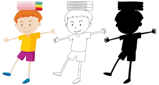 Boy balancing books on his head in color and outline and silhouette