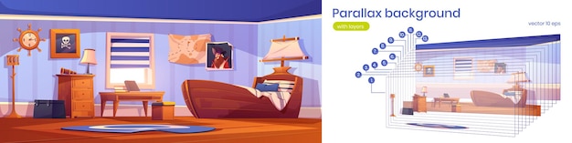 Спальня для мальчика в пиратской тематике с корабельной кроватью, портретом капитана и изображением черепа на стене. векторный фон параллакса с мультяшным интерьером пустой детской комнаты с подзорной трубкой и часами на рулевом колесе