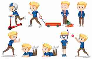 Free vector boy in blue shirt doing different actions