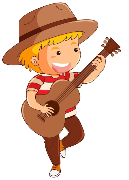 Мальчик в коричневой шляпе играет на гитаре