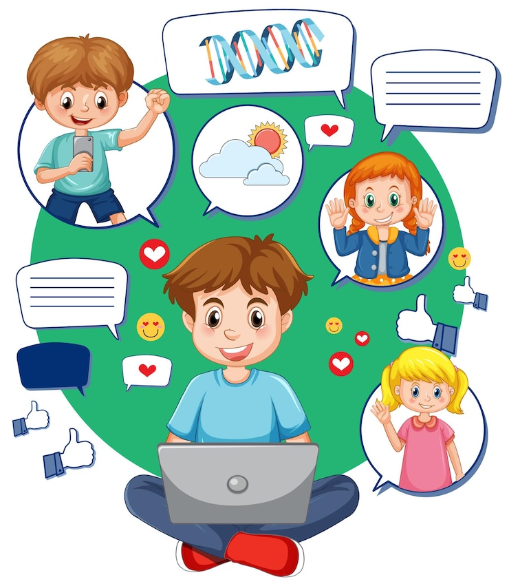 Free Vector a boy browsing social media on laptop