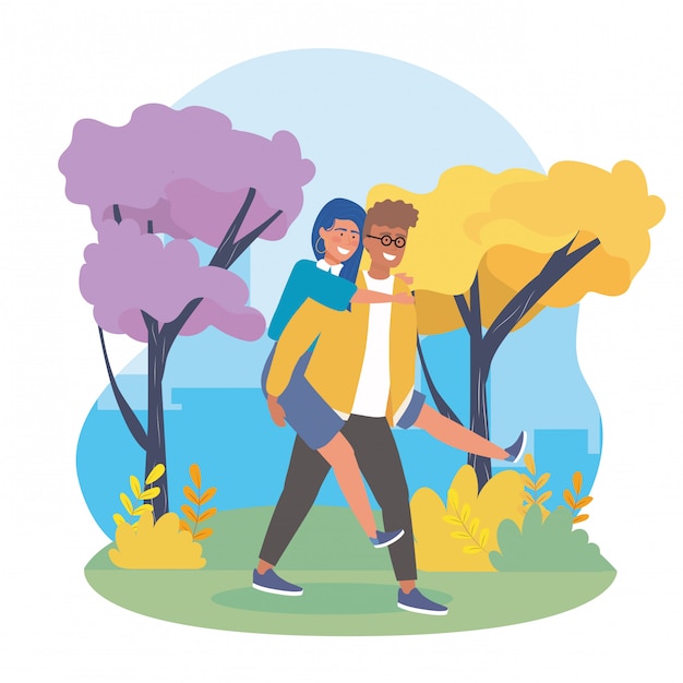 Free vector boy carrying the girl in the back with trees