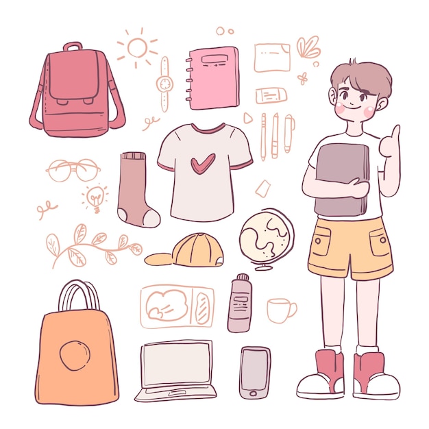 Boy character and costumes and school supplies such as shoulder bags, bags, notebooks, shoes, laptop computers.