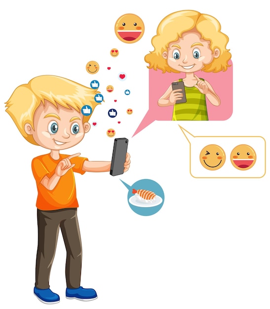 Free vector boy chatting with friend on smartphone with emoji icon cartoon style isolated on white background