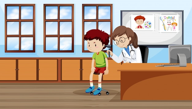 Free vector a boy checking ear with doctor