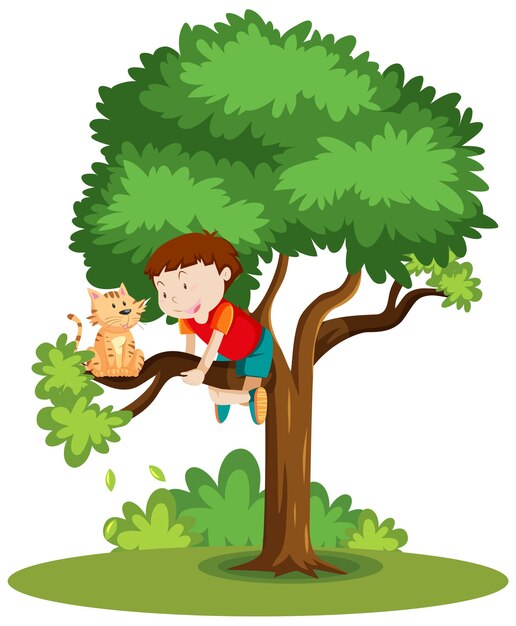 孤立した木の漫画に立ち往生している猫を助けるために登っている少年