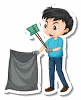 Free vector a boy collecting garbage trash cartoon character