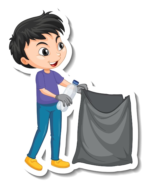 Free vector a boy collecting garbage trash cartoon character