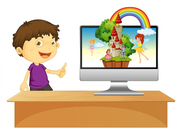 Free vector boy next to computer fairy tale screen