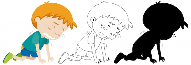 Free vector boy crying on the floor position with its outline and silhouette