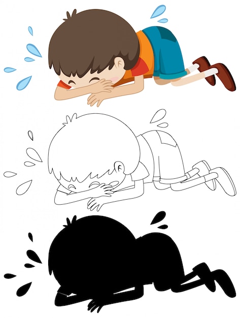 Free vector boy crying on the floor with its outline and silhouette