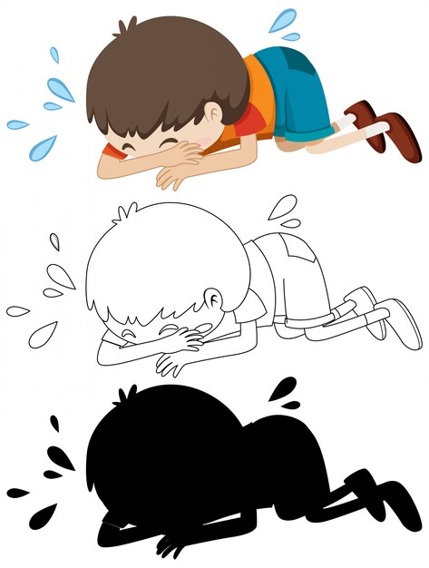 Boy crying on the floor with its outline and silhouette