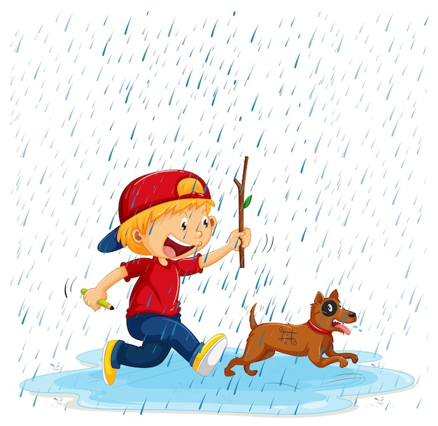 Free vector boy and dog running in rain