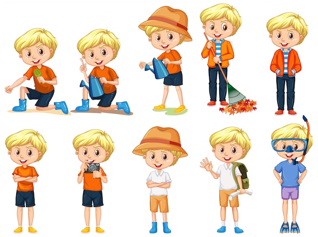 Free vector boy doing different activities on white