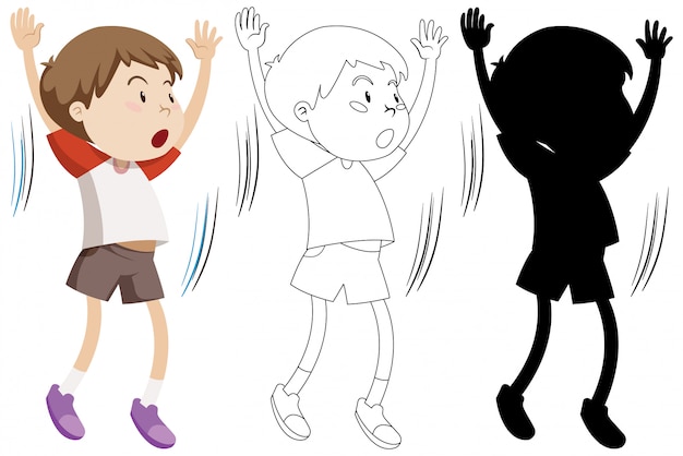 Free vector boy doing exercise with its outline and silhouette