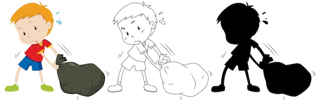 Мальчик перетащить черный мешок для мусора в цвете, контуре и силуэте