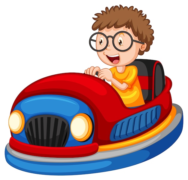 Free vector a boy driving bumper car on white background