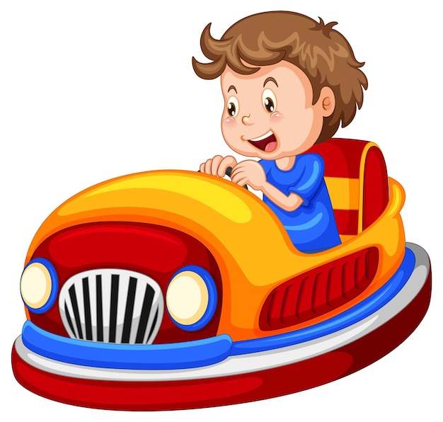 Un ragazzo che guida un'auto paraurti su sfondo bianco