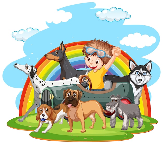 Free vector a boy driving a car with many dogs