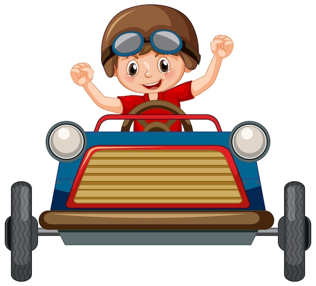 Free vector a boy driving mini car toy on white background