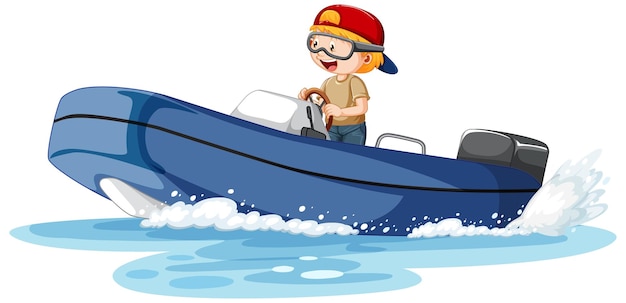Мальчик за рулем моторной лодки в мультяшном стиле
