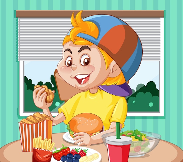 Free vector a boy eating breakfast at the table