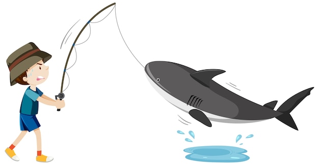 Ragazzo pesca baby squalo personaggio dei cartoni animati isolato su sfondo bianco