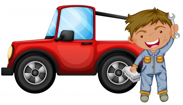 A boy fixing the red jeep