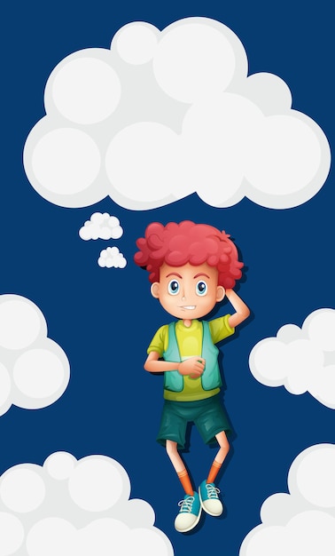 Free vector boy on fluffy clouds background