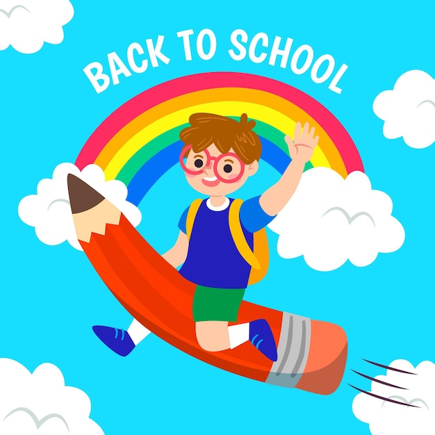 Free vector boy flying on a pencil back to school concept