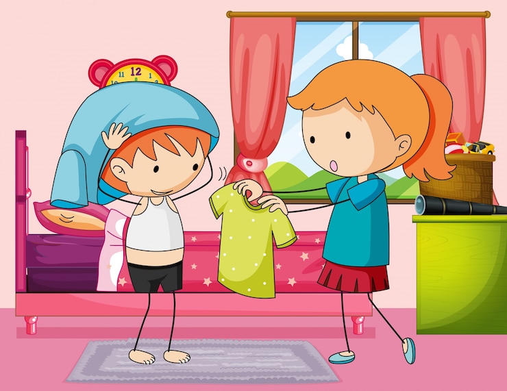 Free Vector boy getting dress in bedroom