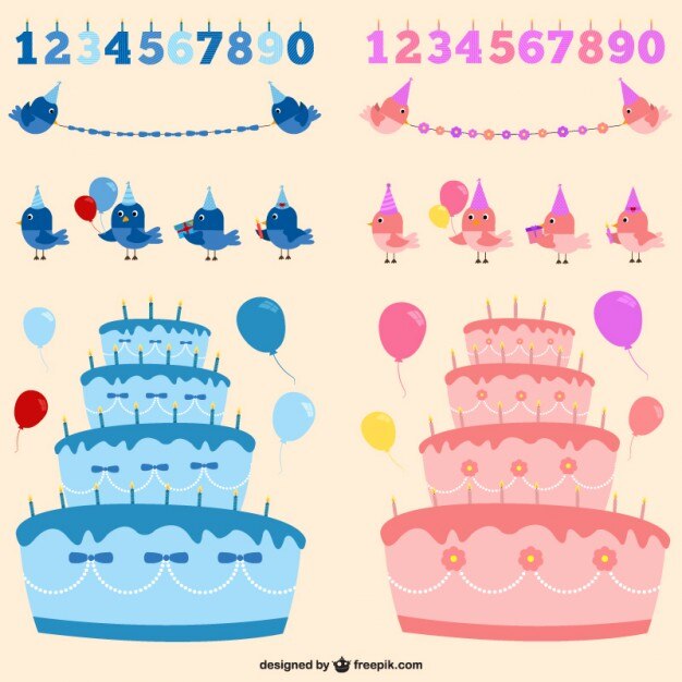 Free Vector boy or girl birthday party elements in blue and pink