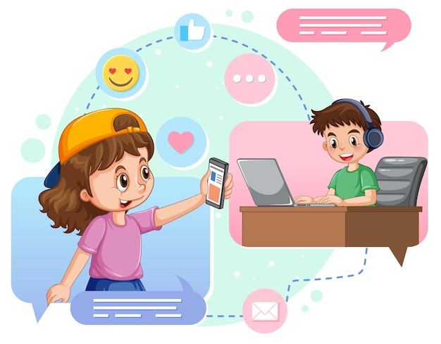 Free vector boy and girl browsing social media