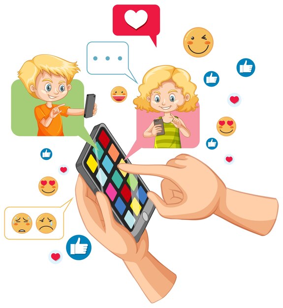 Мальчик и девочка болтают в смартфоне с темой значка социальных сетей, изолированной на белом фоне