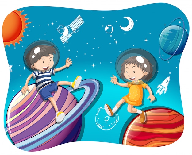 男の子と女の子が宇宙に浮かぶ